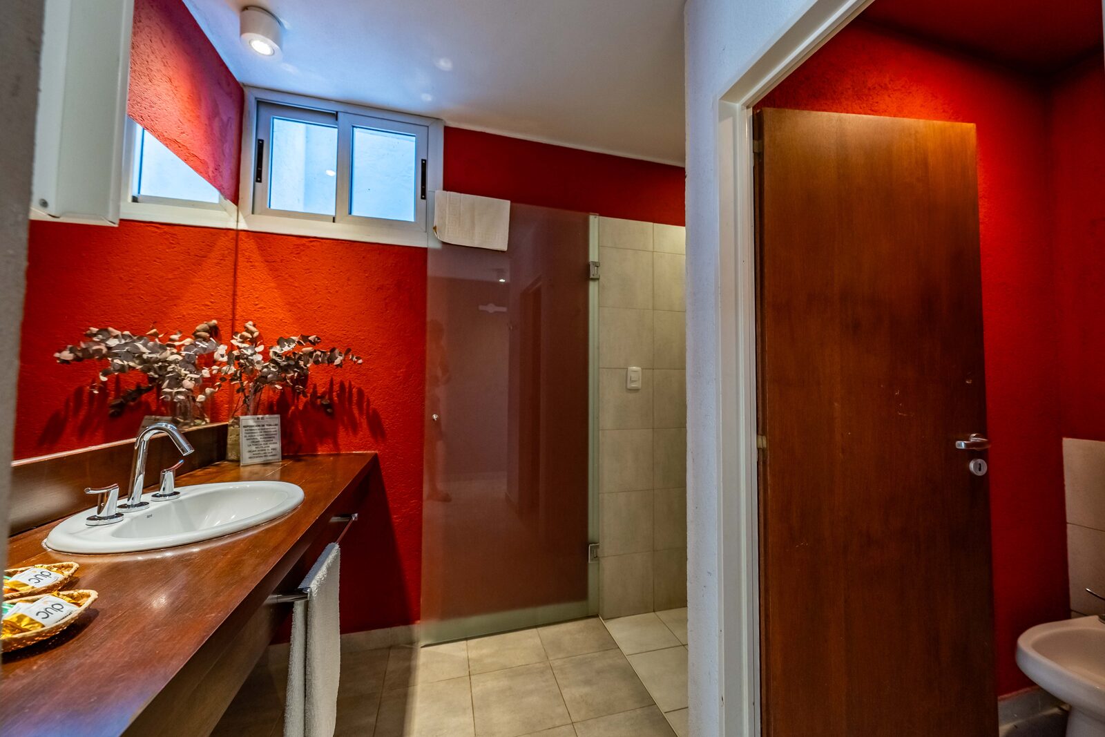 Baño en suite de la casa con mesada de madera y pared terracota