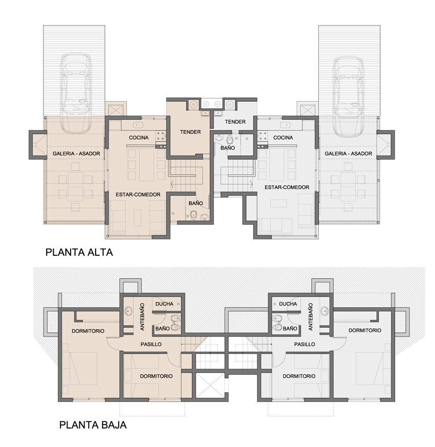 Floor plan of the two-storey Lake House: upper floor with living-dining room, kitchen, bathroom, laundry, barbecue veranda and carport; lower floor with two bedrooms, bathroom with anteroom and shower, and hallway