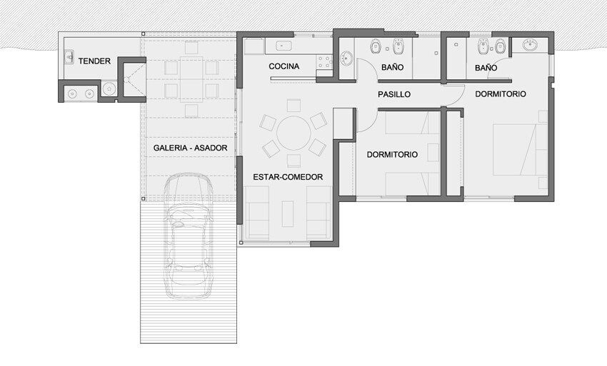 Floor plan of the single-storey Lake House: living-dining room, kitchen, two bedrooms, two bathrooms, hallway, barbecue veranda, laundry and carport