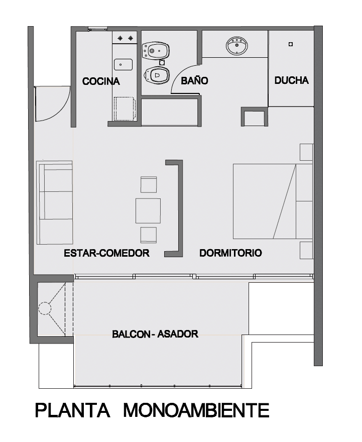 Floor plan of the studio: living-dining area, kitchenette, sleeping area, bathroom with shower and barbecue balcony